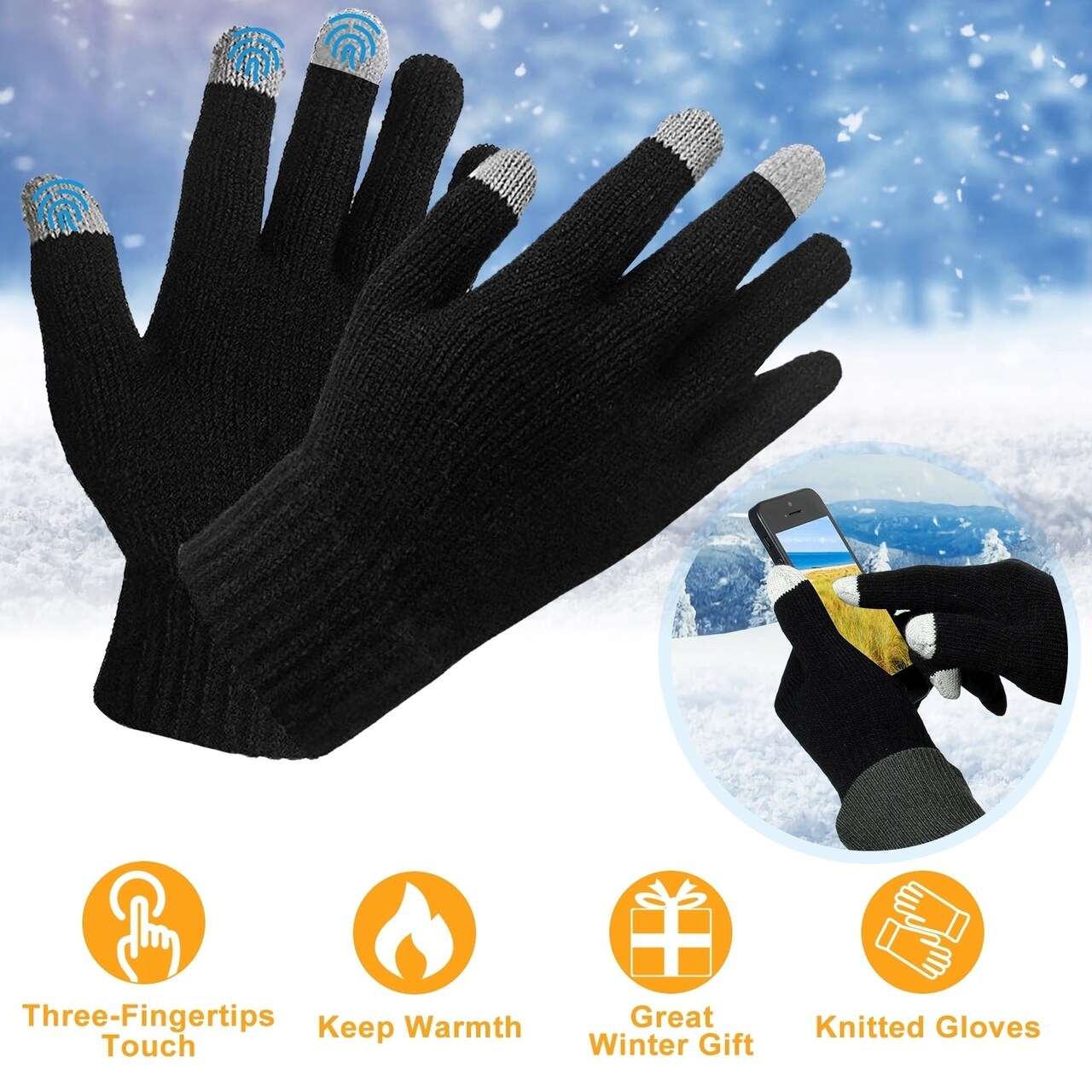 Unisex Black Winter Touch Screen Gloves Full Finger Knitted Acrylic Size M